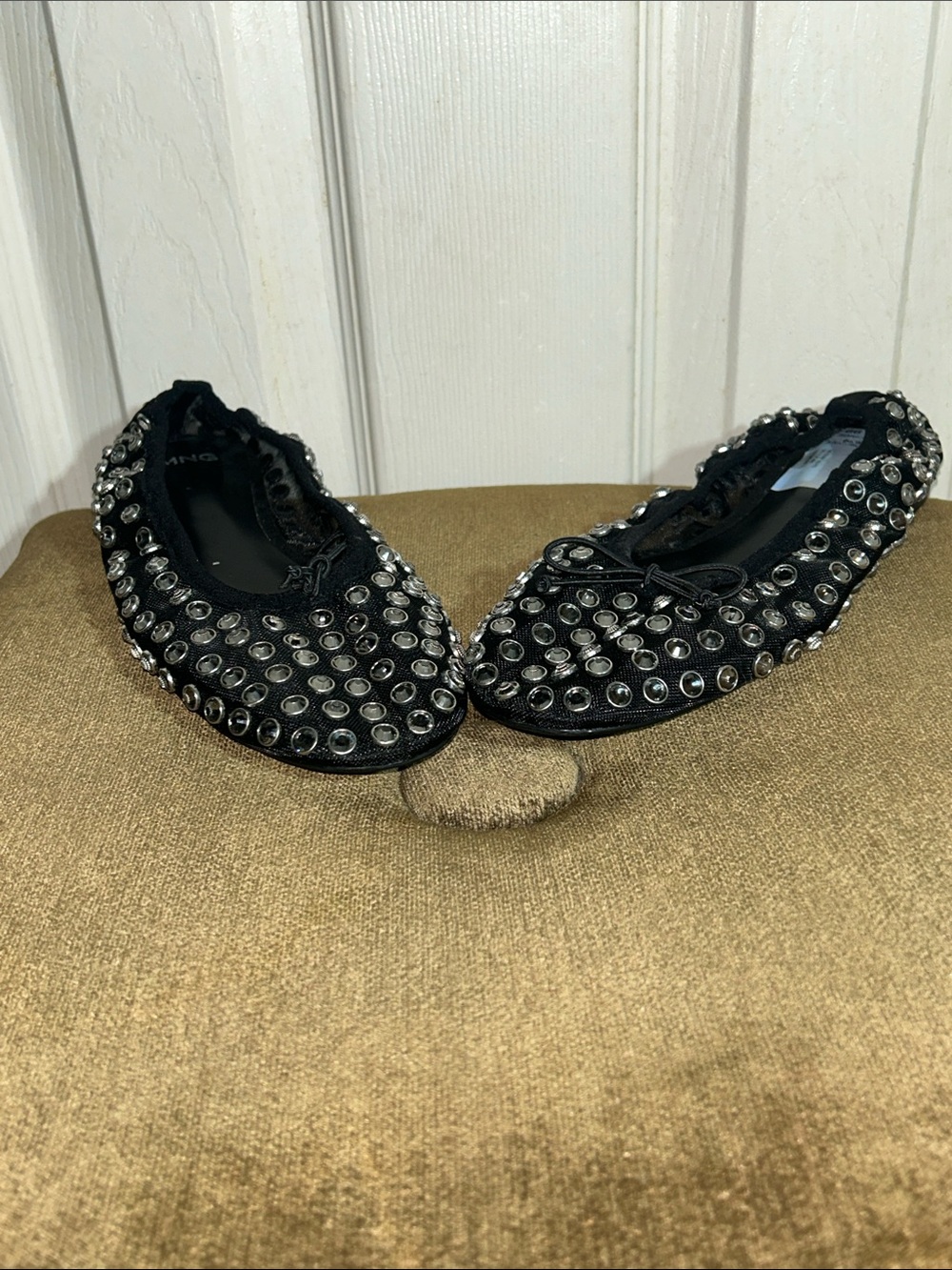 Mango MNG Black Studded Mesh Ballerina Shoes